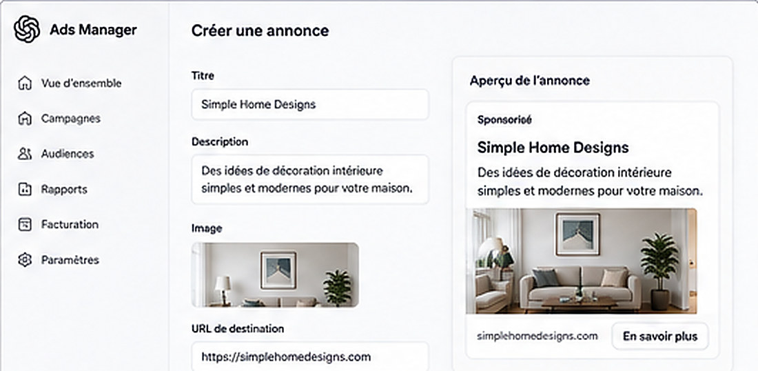 Création d’une annonce dans ChatGPT Ads Manager avec titre description image et URL