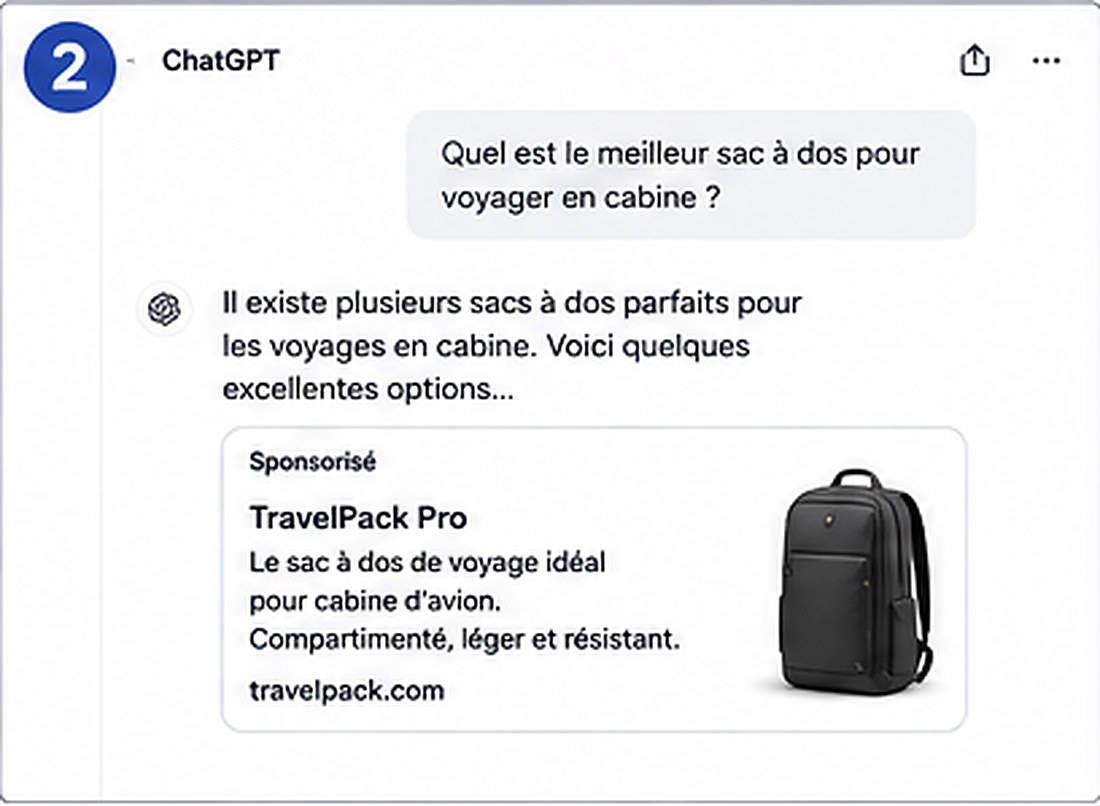 Exemple d’annonce sponsorisée clairement identifiée dans ChatGPT