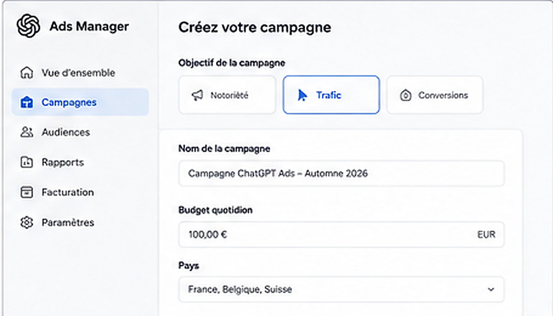 Interface ChatGPT Ads Manager pour créer une campagne et définir un budget